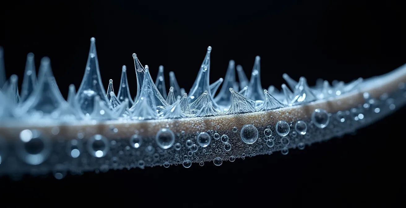 Coupe transversale d'un cheveu montrant les couches et barrières à l'absorption