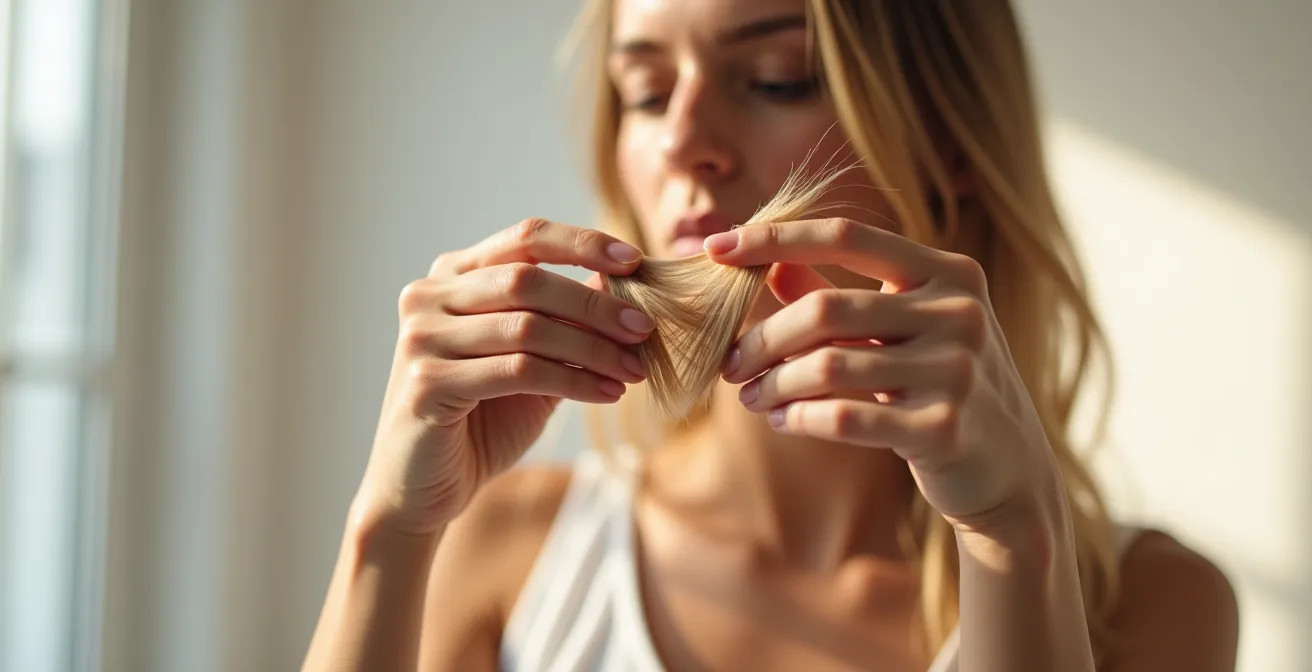 Mains tenant des mèches de cheveux montrant l'évolution de la santé capillaire