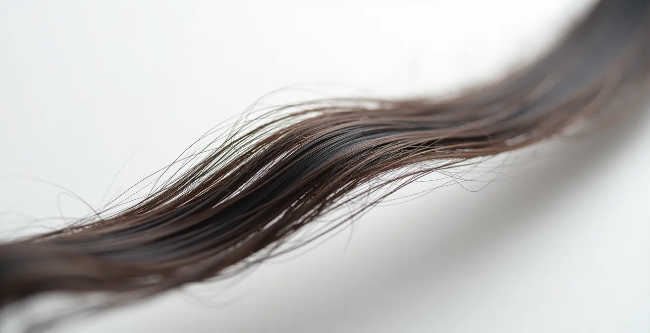 Vue macro sur des mèches de cheveux coupées à différents angles montrant la structure géométrique