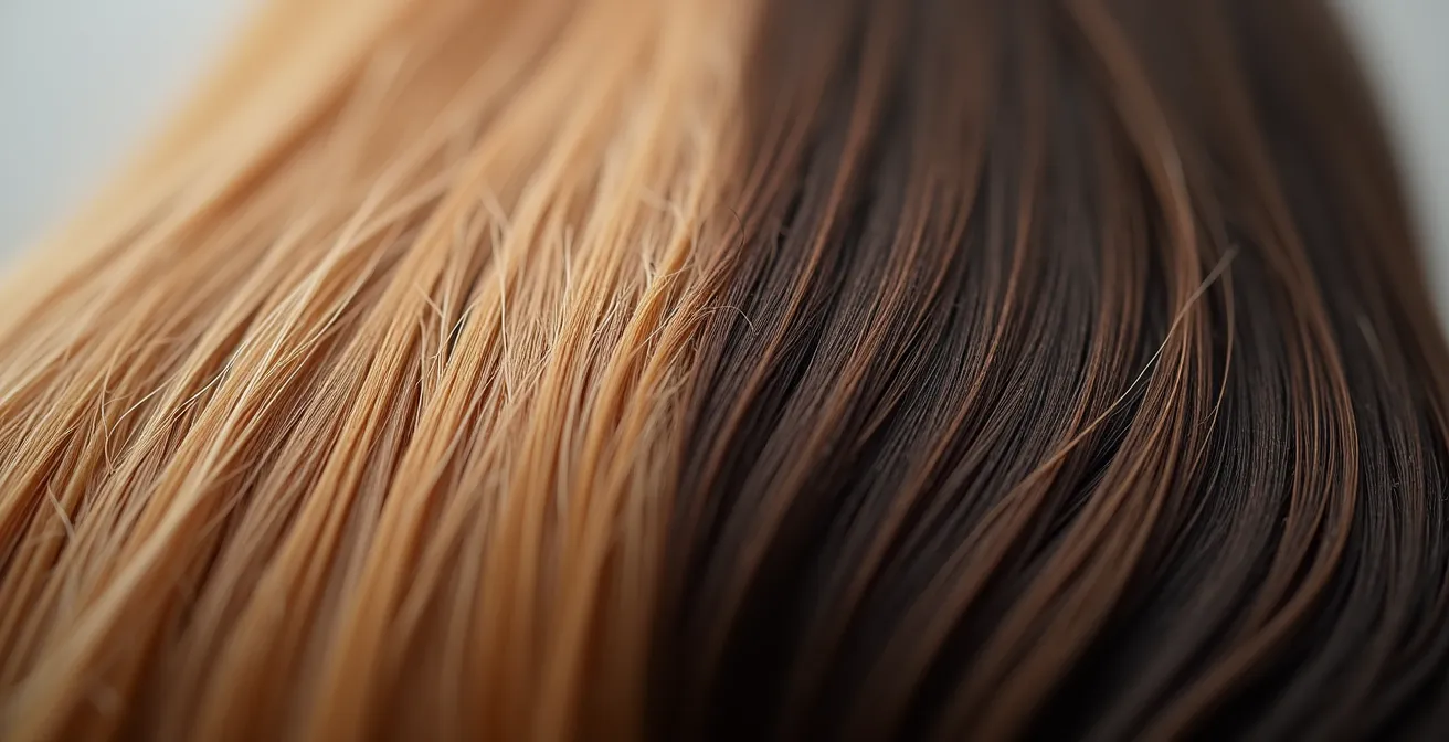 Détail macro de mèches de cheveux avec différentes textures et finitions professionnelles