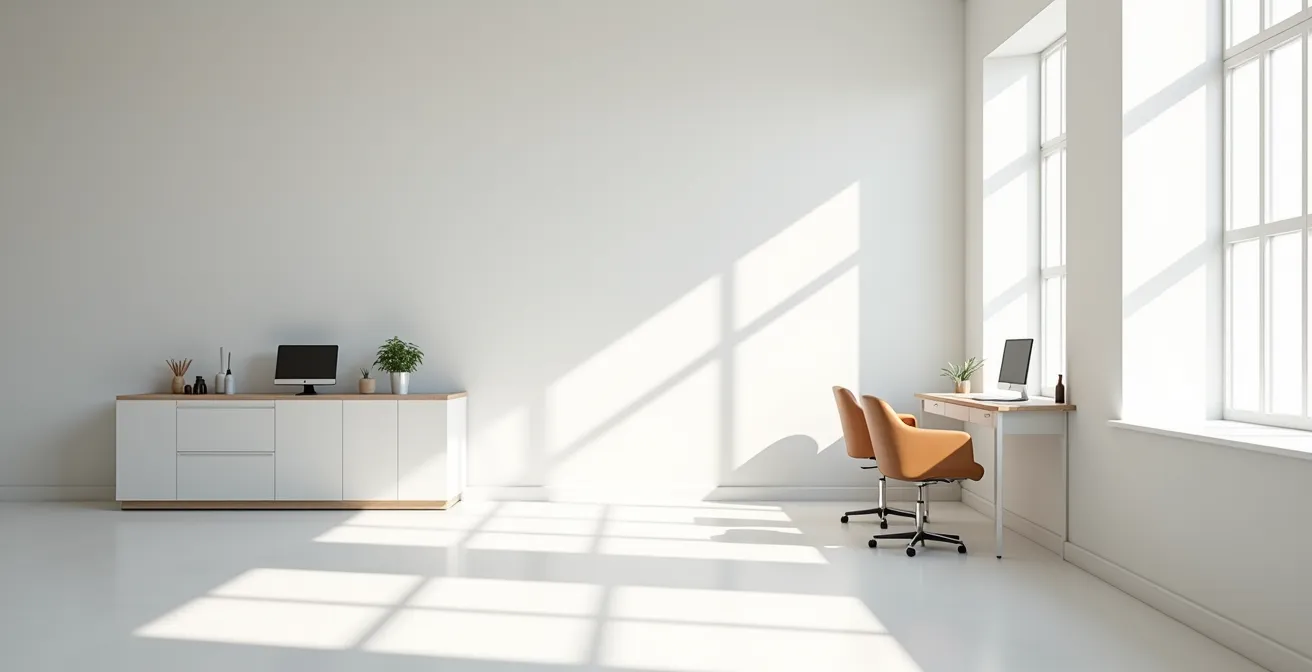 Vue large d'un espace salon épuré avec lumière naturelle traversant l'espace