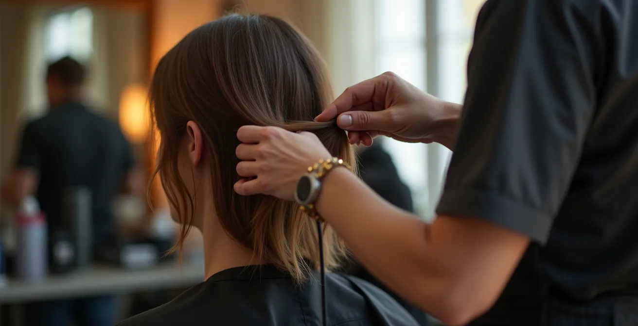 Mains expertes d'un coiffeur travaillant avec précision sur une chevelure